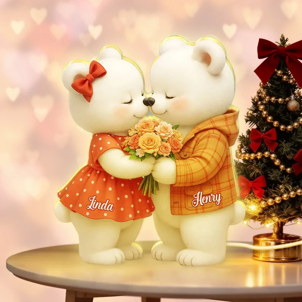 Personalized Acrylic Light Box with Kissing Bear Couple, Soft Warm Glow Romantic Bedroom Lamp, Unique Gift for Couples