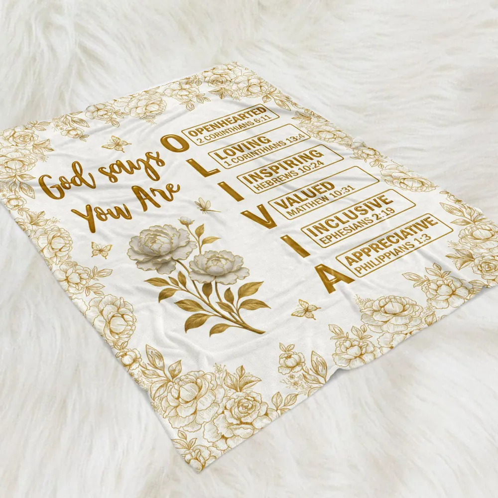 Custom Throw Blanket God Says You Are ... Bible Verse Affirmations with Gold Floral Design for Sofa Bed Unique Faith Gift - Image 2