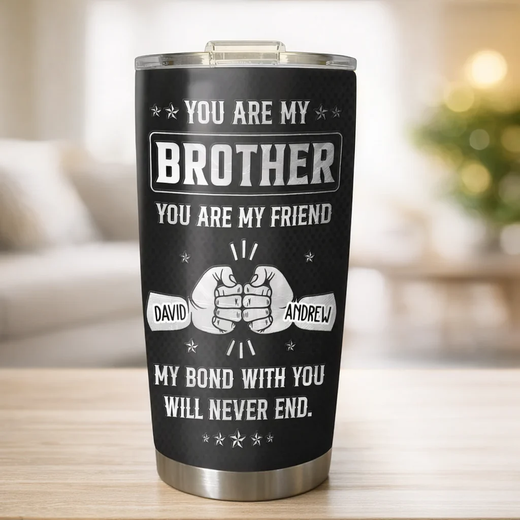 Personalized Brother Insulated Travel Tumbler, Meaningful Bond Quote Gift for Brothers, Custom Name Stainless Steel Cup