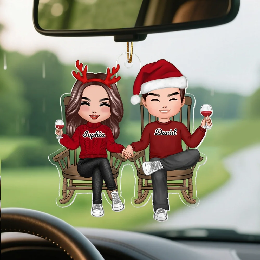 Personalized Couple Acrylic Car Hanger, Cute Sitting Together Christmas Mirror Decor, Unique Gift for Him or Her