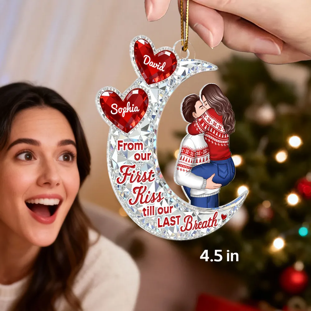 Custom Acrylic Ornament with Crescent Moon and Embracing Couple, Heartfelt From Our First Kiss Quote, Special Anniversary or Holiday Gift - Image 2