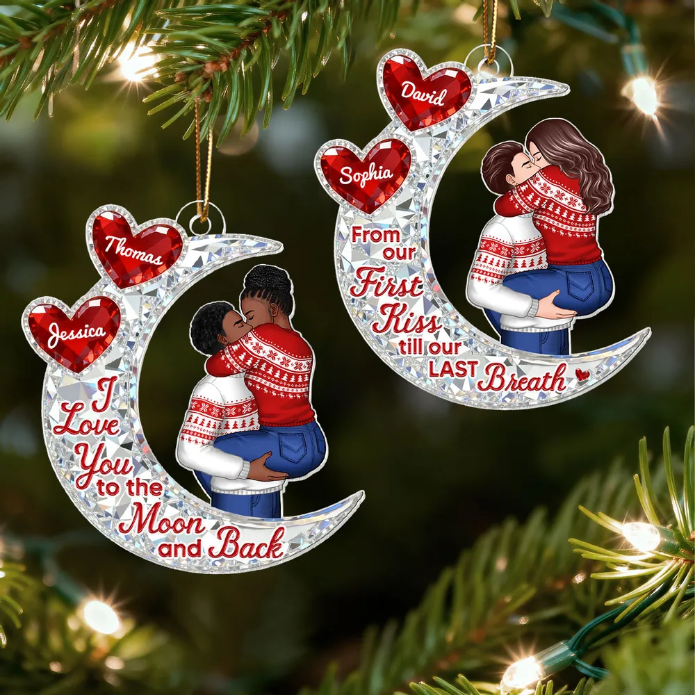 Custom Acrylic Ornament with Crescent Moon and Embracing Couple, Heartfelt From Our First Kiss Quote, Special Anniversary or Holiday Gift - Image 3
