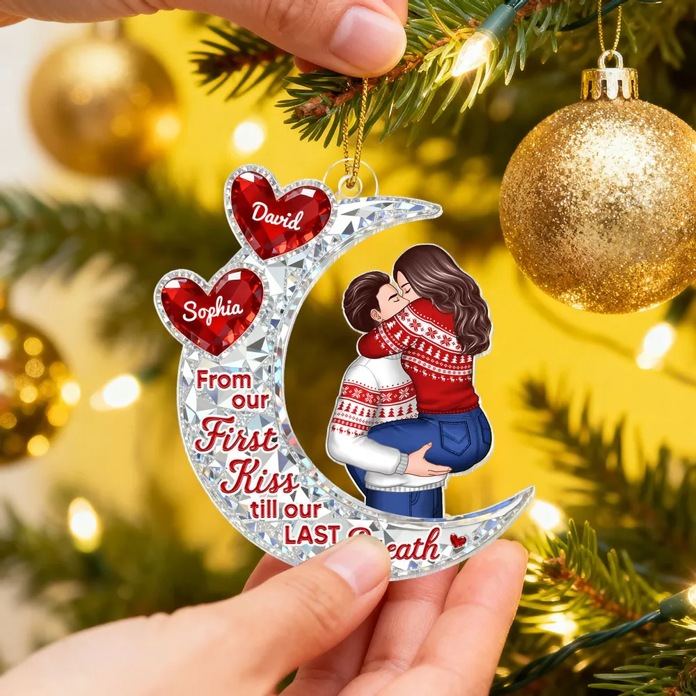 Custom Acrylic Ornament with Crescent Moon and Embracing Couple, Heartfelt From Our First Kiss Quote, Special Anniversary or Holiday Gift - Image 6