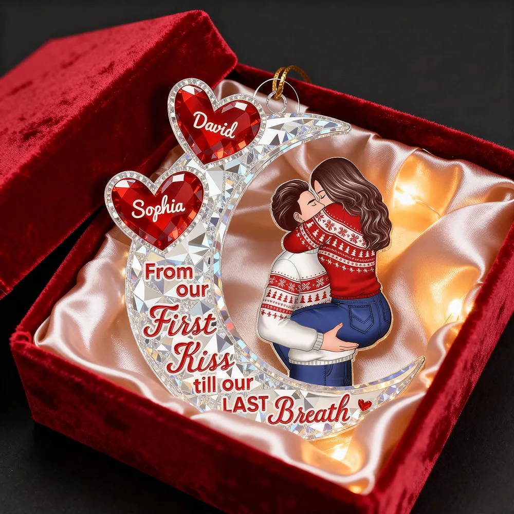 Custom Acrylic Ornament with Crescent Moon and Embracing Couple, Heartfelt From Our First Kiss Quote, Special Anniversary or Holiday Gift - Image 7