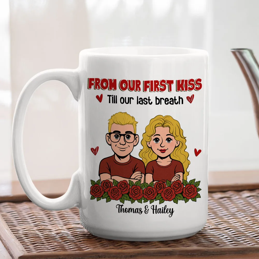 Personalized Couple Cartoon White Ceramic Mug, From Our First Kiss Till Our Last Breath, Unique Romantic Gift - Image 3