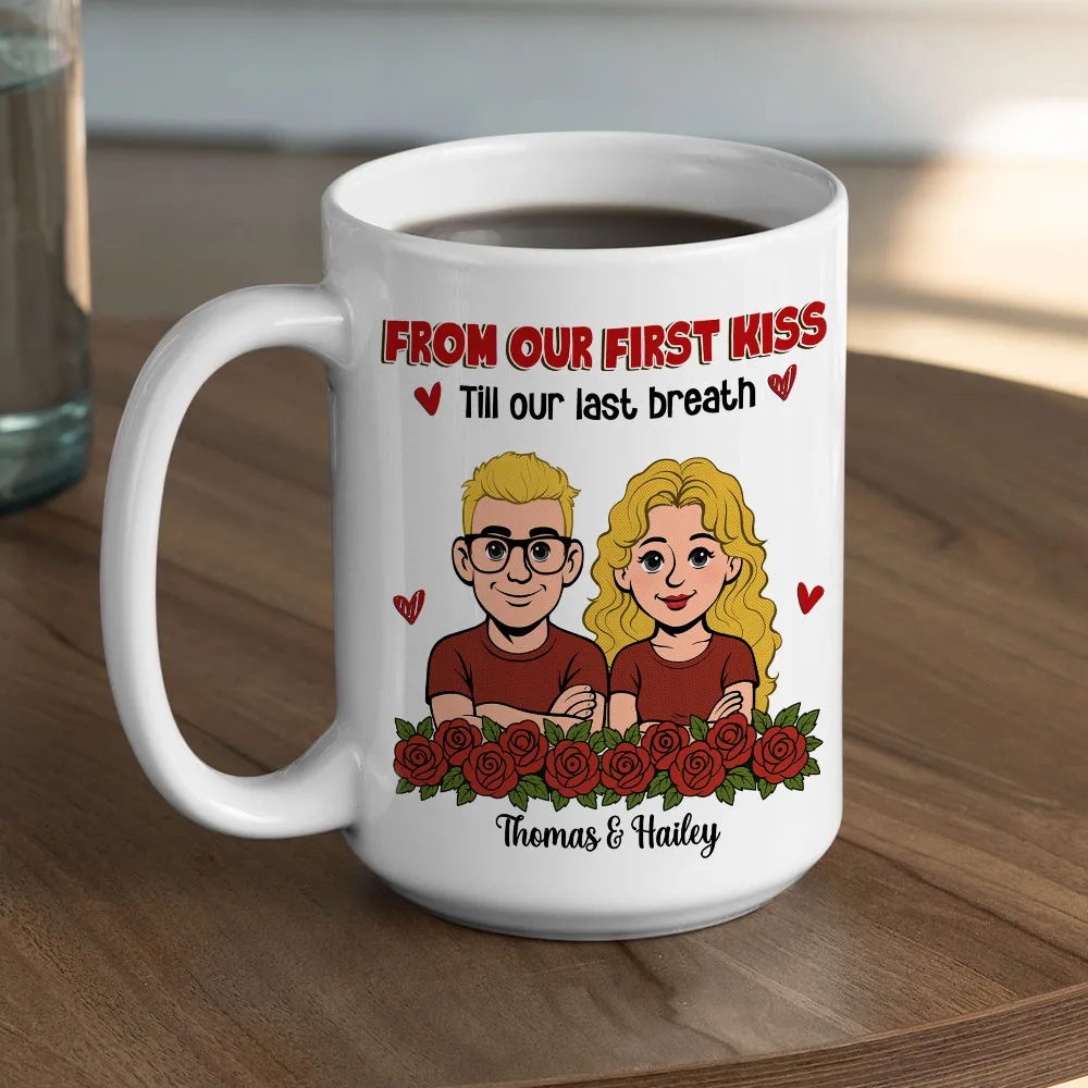Personalized Couple Cartoon White Ceramic Mug, From Our First Kiss Till Our Last Breath, Unique Romantic Gift - Image 5