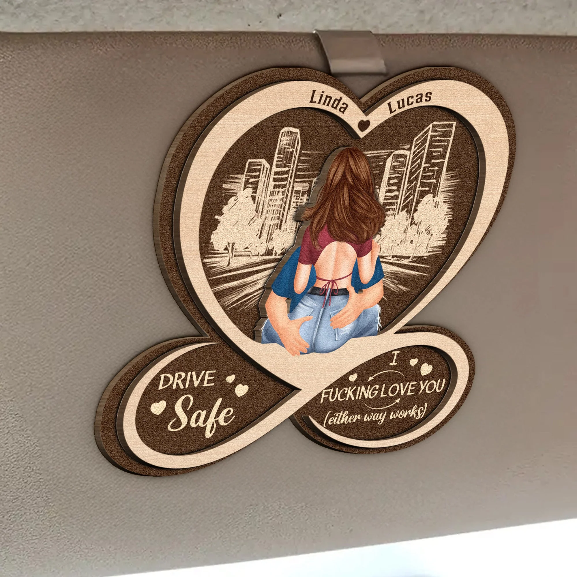 Drive Safe I F*Cking Love You Personalized Car Visor Clip, City Hug Illustration in Warm Neutrals, Funny Romantic Gift for Couples - Image 2
