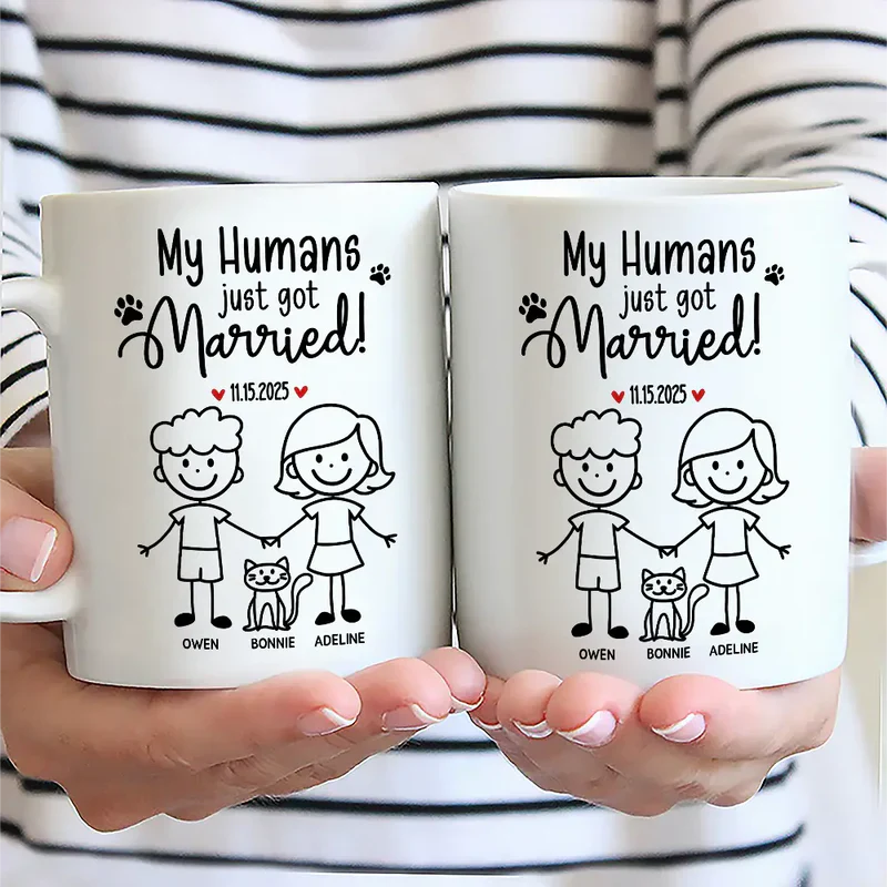 Personalized Ceramic Mug Our Humans Are Getting Married Stick Figure Couple Holding Hands Cute Pet Paws Unique Gift - Image 2