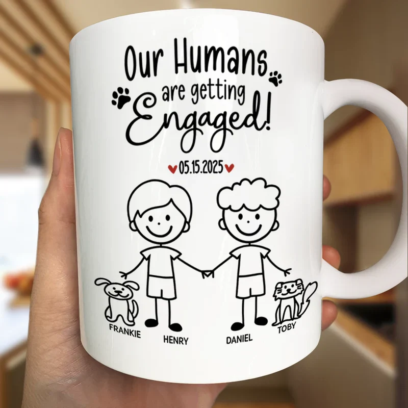 Personalized Ceramic Mug Our Humans Are Getting Married Stick Figure Couple Holding Hands Cute Pet Paws Unique Gift - Image 3