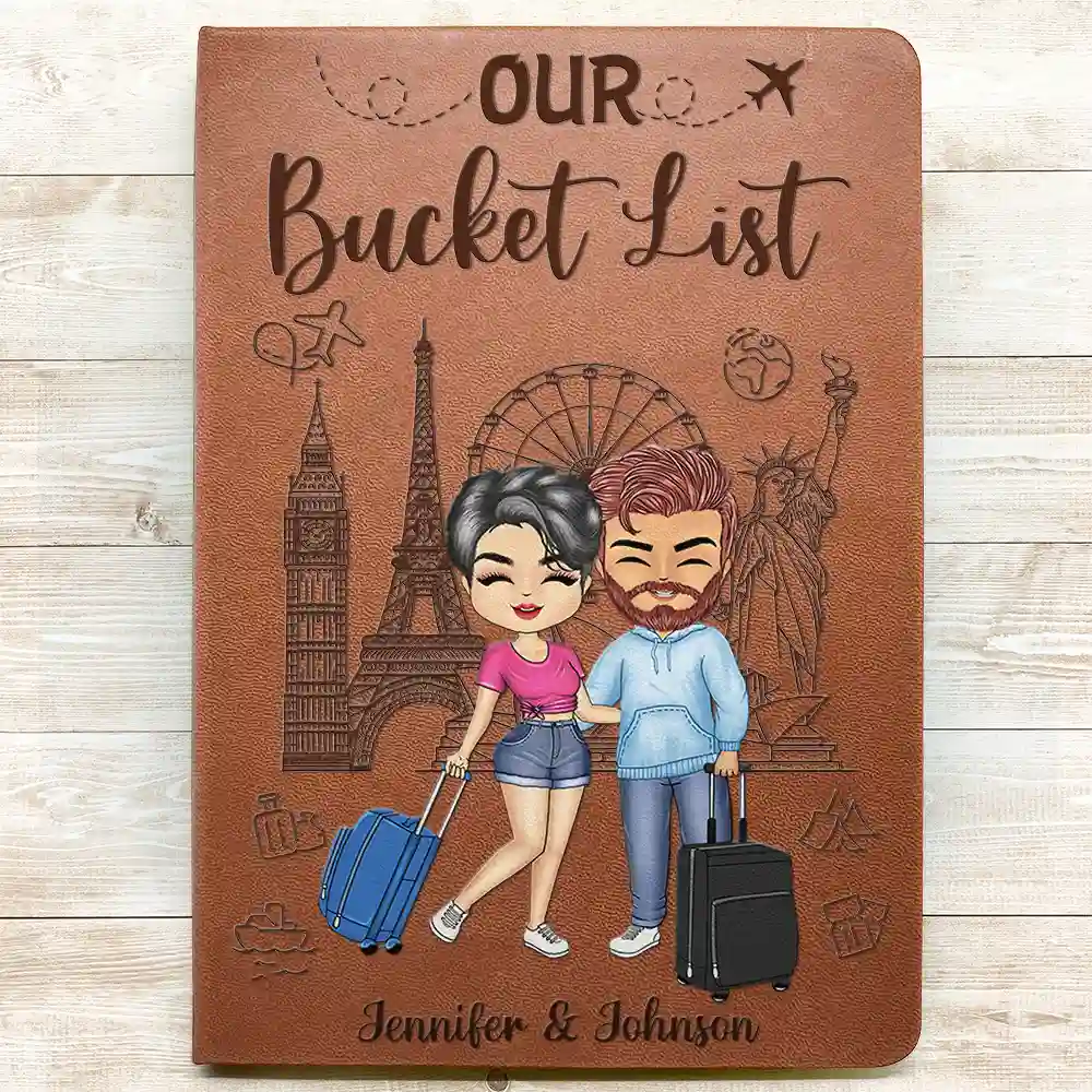 Personalized Our Adventure Book Leather Journal for Couples, Cute Travel Cartoon Cover, Unique Gift for Him or Her - Image 2
