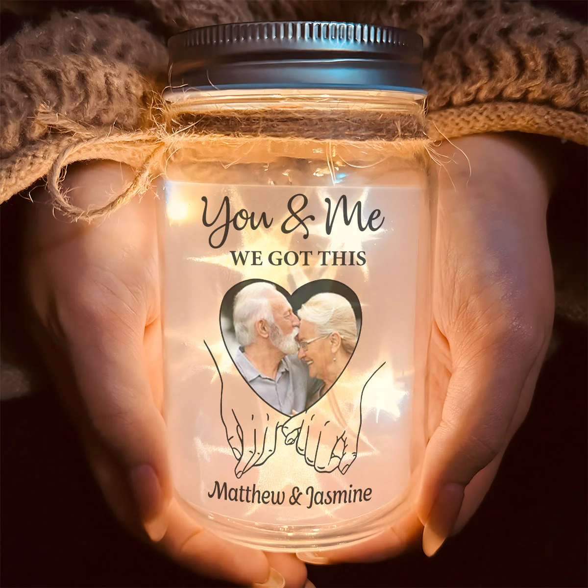 Personalized Glass Mason Jar Light with Your Photo You & Me We Got This Romantic Glow Keepsake Gift for Couple - Image 2