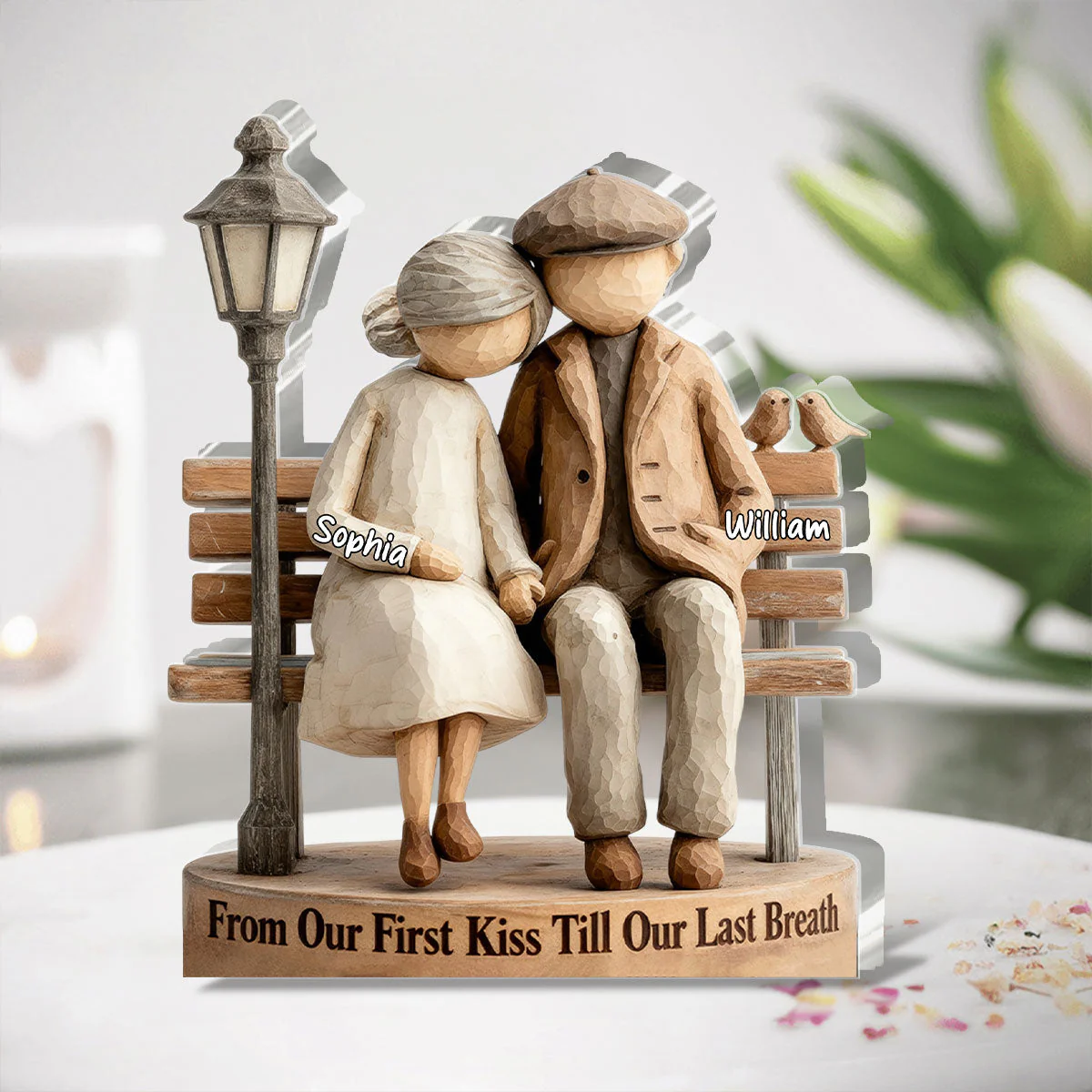 Personalized Shaped Acrylic Block Plaque Couple on Bench, From Our First Kiss Quote, Unique Romantic Gift for Wife or Husband - Image 2