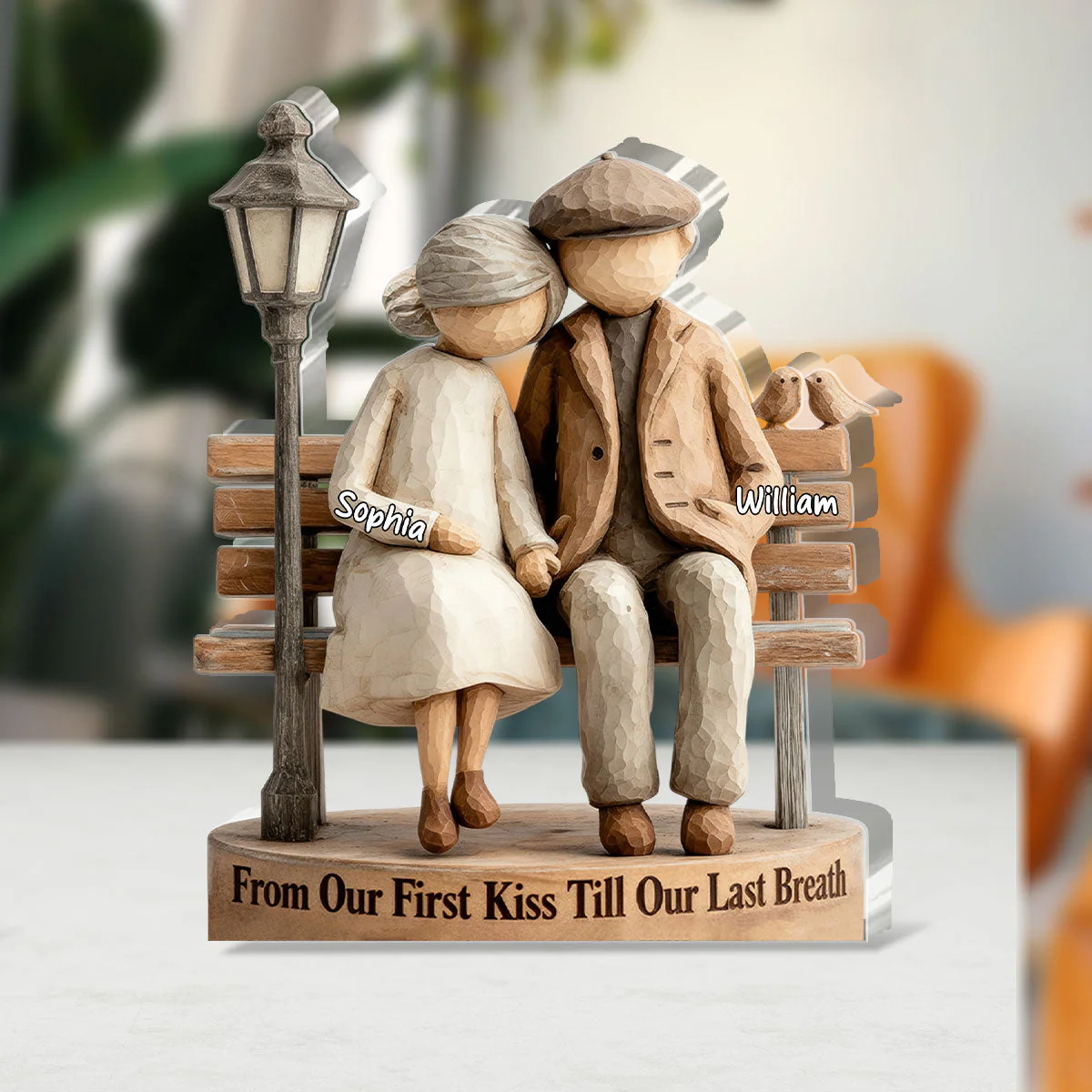 Personalized Shaped Acrylic Block Plaque Couple on Bench, From Our First Kiss Quote, Unique Romantic Gift for Wife or Husband - Image 4