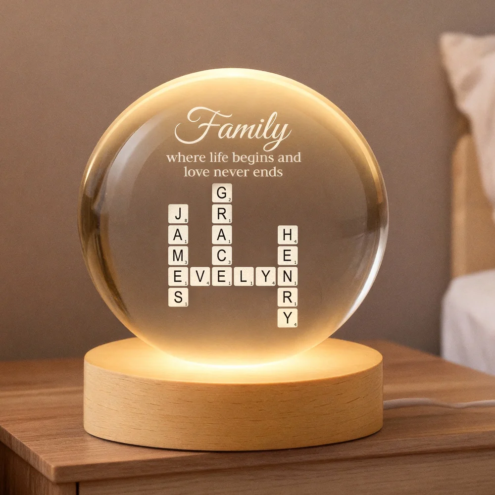 Personalized Globe Lamp with Crossword Name Art for Home Decor, Warm Family Quote, Unique Gift for Family
