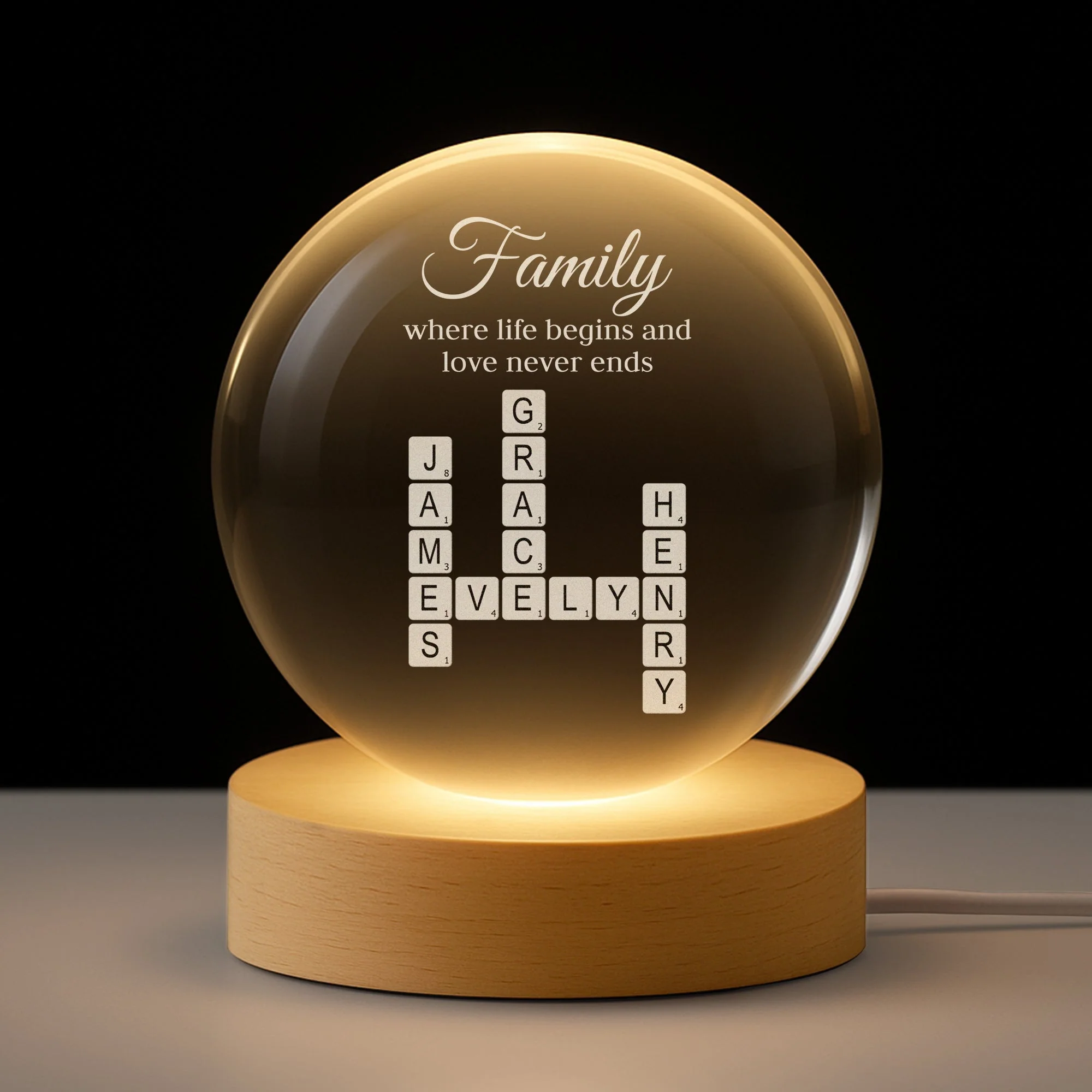 Personalized Globe Lamp with Crossword Name Art for Home Decor, Warm Family Quote, Unique Gift for Family - Image 2