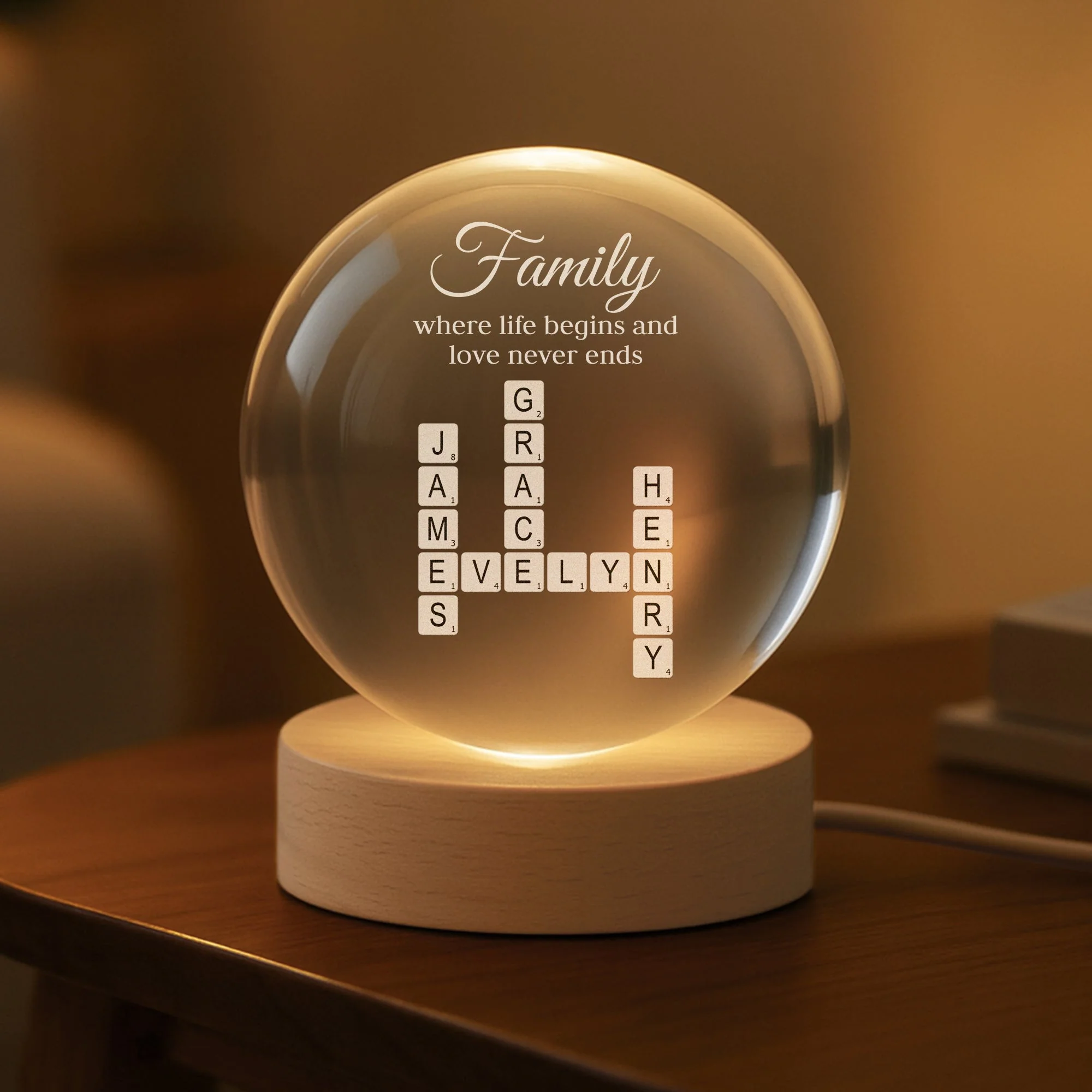 Personalized Globe Lamp with Crossword Name Art for Home Decor, Warm Family Quote, Unique Gift for Family - Image 3