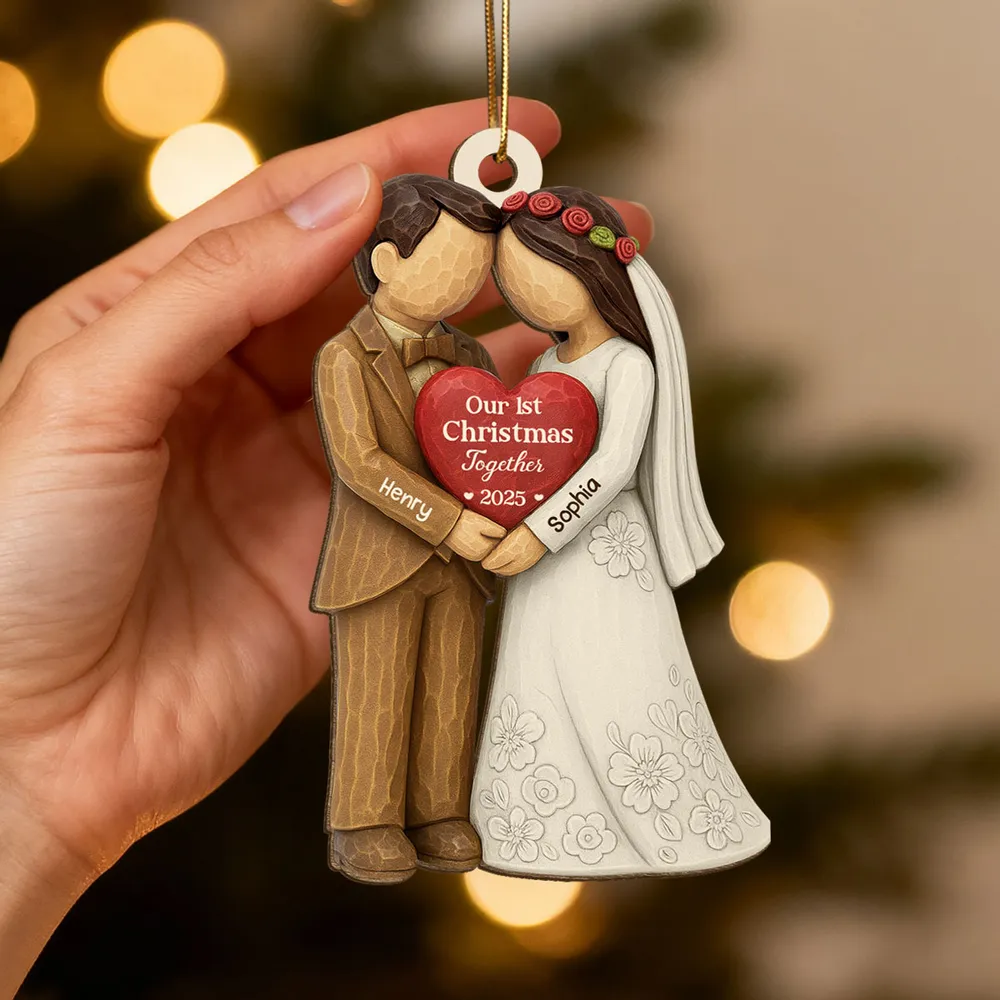 Wooden Ornament Personalized for Newlyweds, Handholding Bride and Groom Christmas Decor, Unique Gift for Couple - Image 2