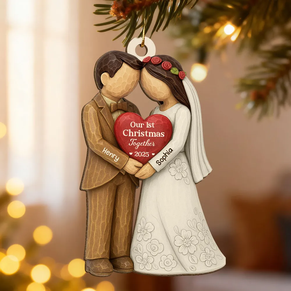 Wooden Ornament Personalized for Newlyweds, Handholding Bride and Groom Christmas Decor, Unique Gift for Couple - Image 3