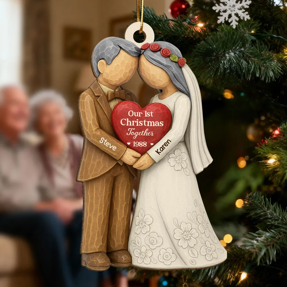 Wooden Ornament Personalized for Newlyweds, Handholding Bride and Groom Christmas Decor, Unique Gift for Couple - Image 6