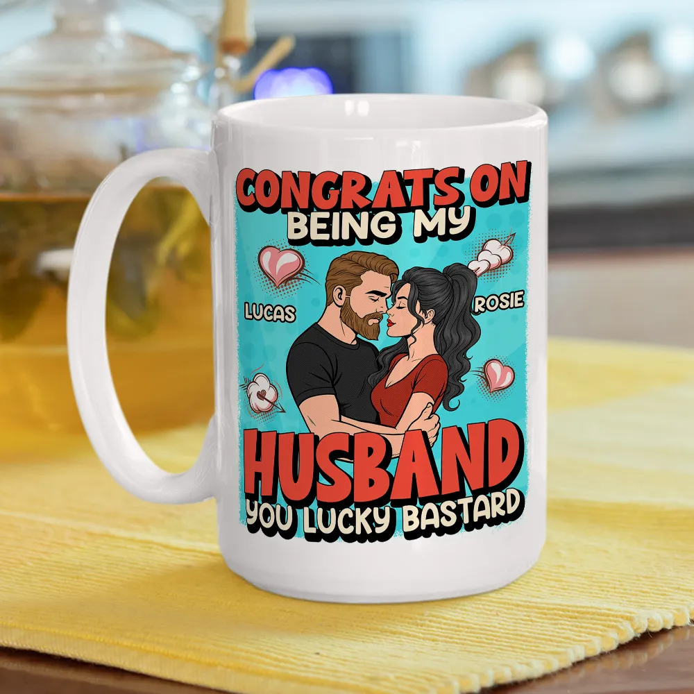 Personalized Ceramic Mug Congrats On Being My Husband Cute Cartoon Couple Hugging Funny Unique Gift For Him - Image 2