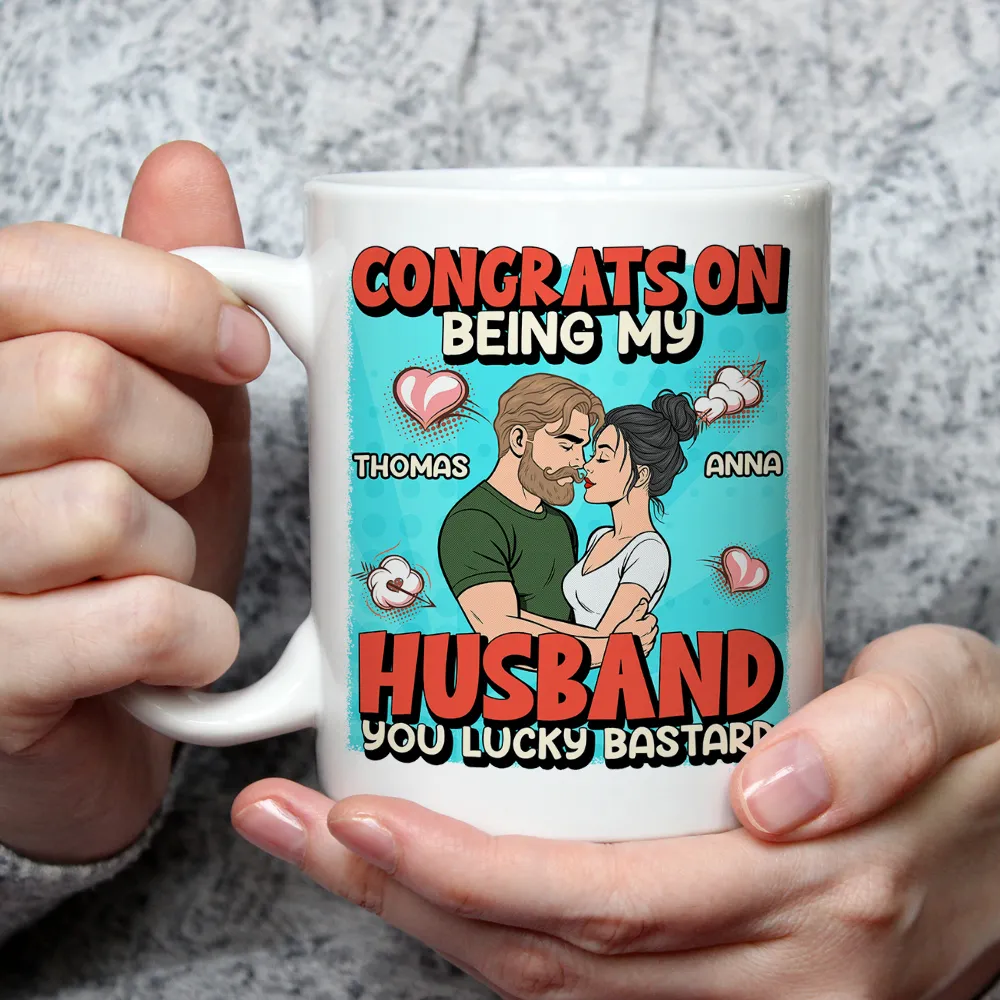 Personalized Ceramic Mug Congrats On Being My Husband Cute Cartoon Couple Hugging Funny Unique Gift For Him - Image 5