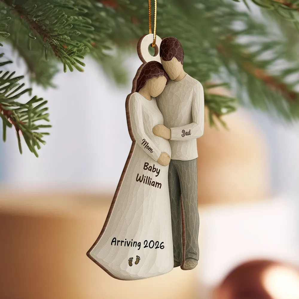 Wooden Ornament Sweet Expecting Family Hug Design, Personalized Nursery Decor Keepsake, Unique Holiday Gift for Parents - Image 2