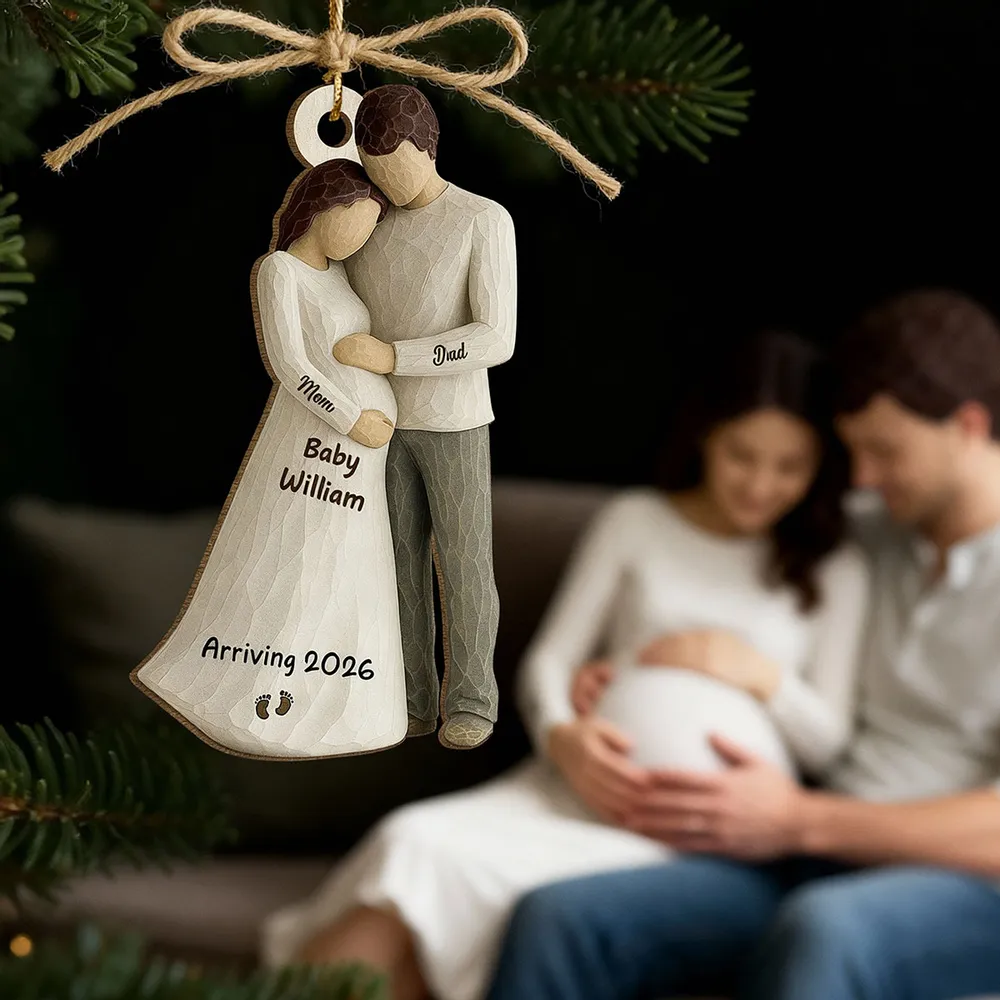 Wooden Ornament Sweet Expecting Family Hug Design, Personalized Nursery Decor Keepsake, Unique Holiday Gift for Parents - Image 3