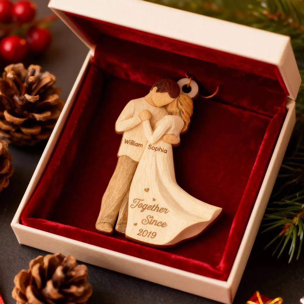 Romantic Wooden Ornament Personalized for a Couple, Sweet Hugging Design with Warm Neutrals, Unique Gift for Partner - Image 4