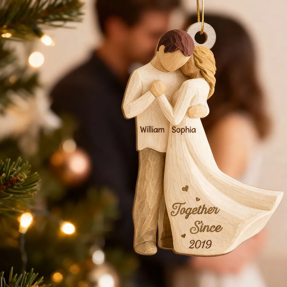 Romantic Wooden Ornament Personalized for a Couple, Sweet Hugging Design with Warm Neutrals, Unique Gift for Partner - Image 5