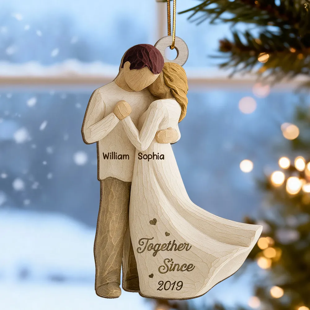 Romantic Wooden Ornament Personalized for a Couple, Sweet Hugging Design with Warm Neutrals, Unique Gift for Partner - Image 6