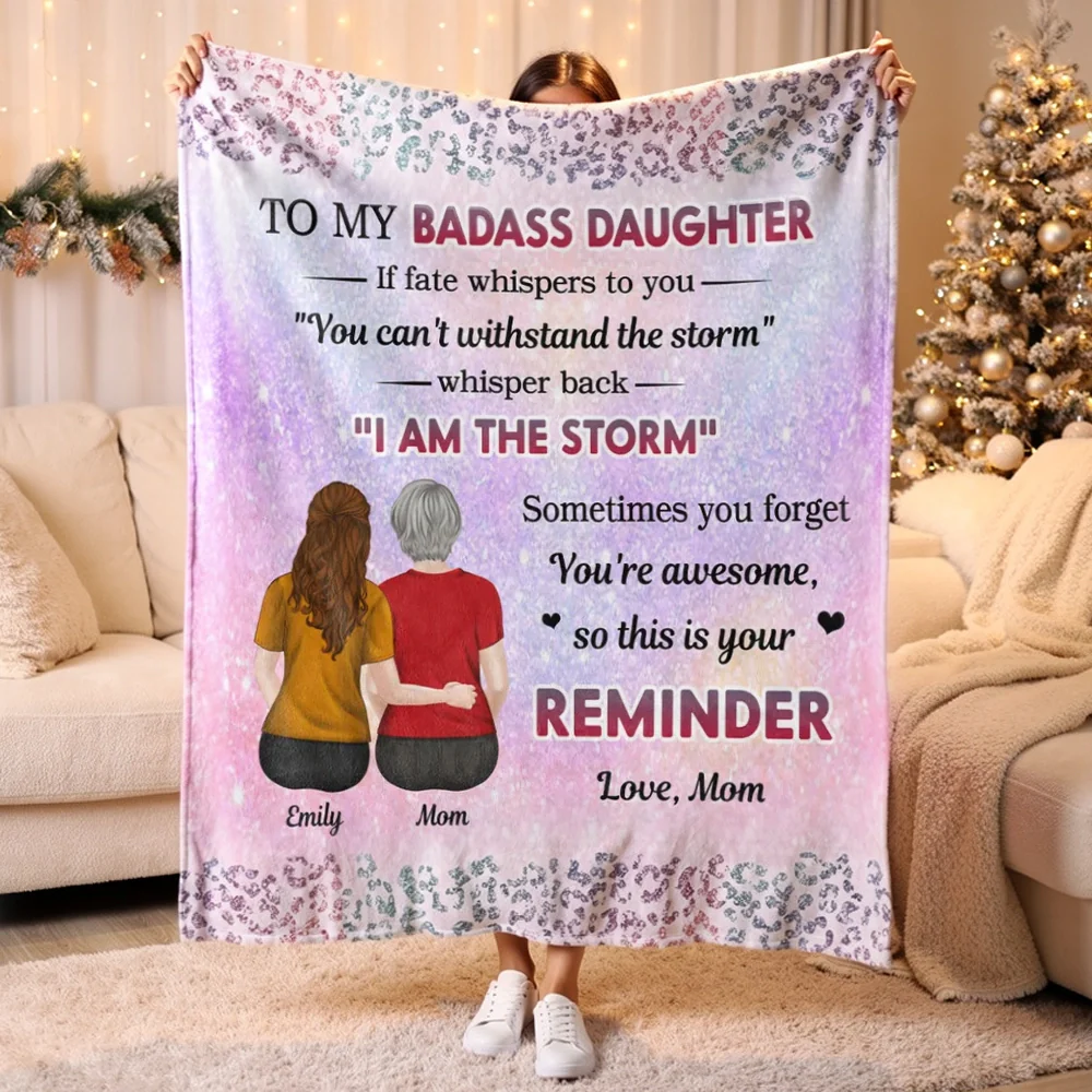 Custom Blanket Mom And Daughter Sitting Together Back View, 'I Am The Storm' Quote, Cozy Throw Gift For Daughter
