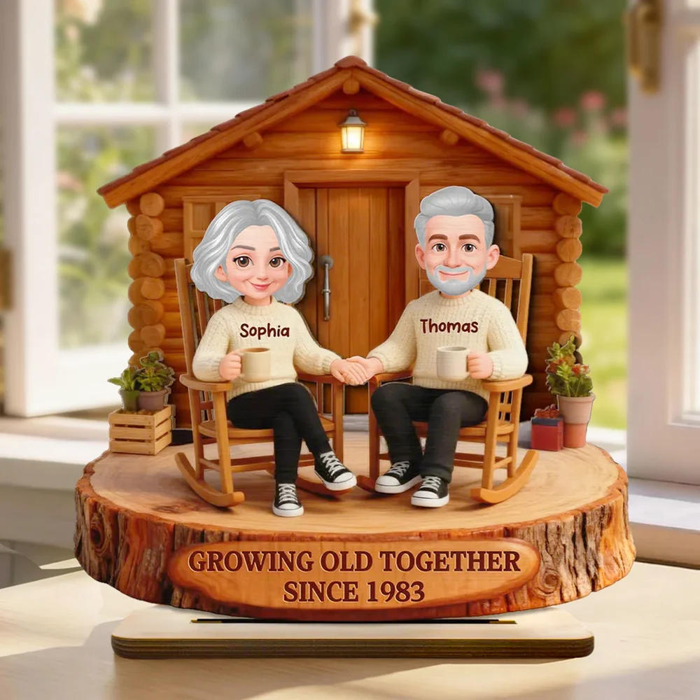 2-Layer Wooden Plaque Personalized Couple Cabin Scene Growing Old Together Style for Living Room Display Heartwarming Unique Gift