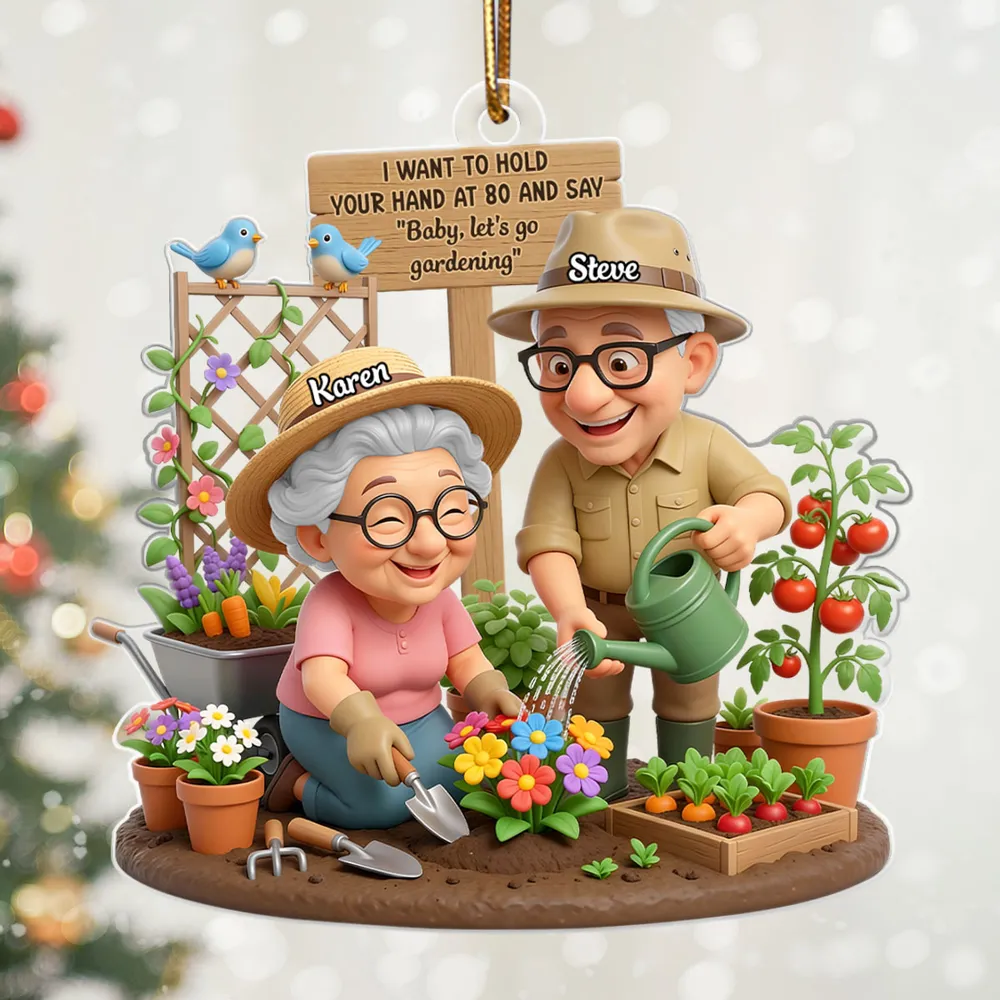 Acrylic Ornament 'Baby, let's go gardening' Sweet Old Couple Garden Scene Keepsake Unique Christmas Gift for Him & Her - Image 3