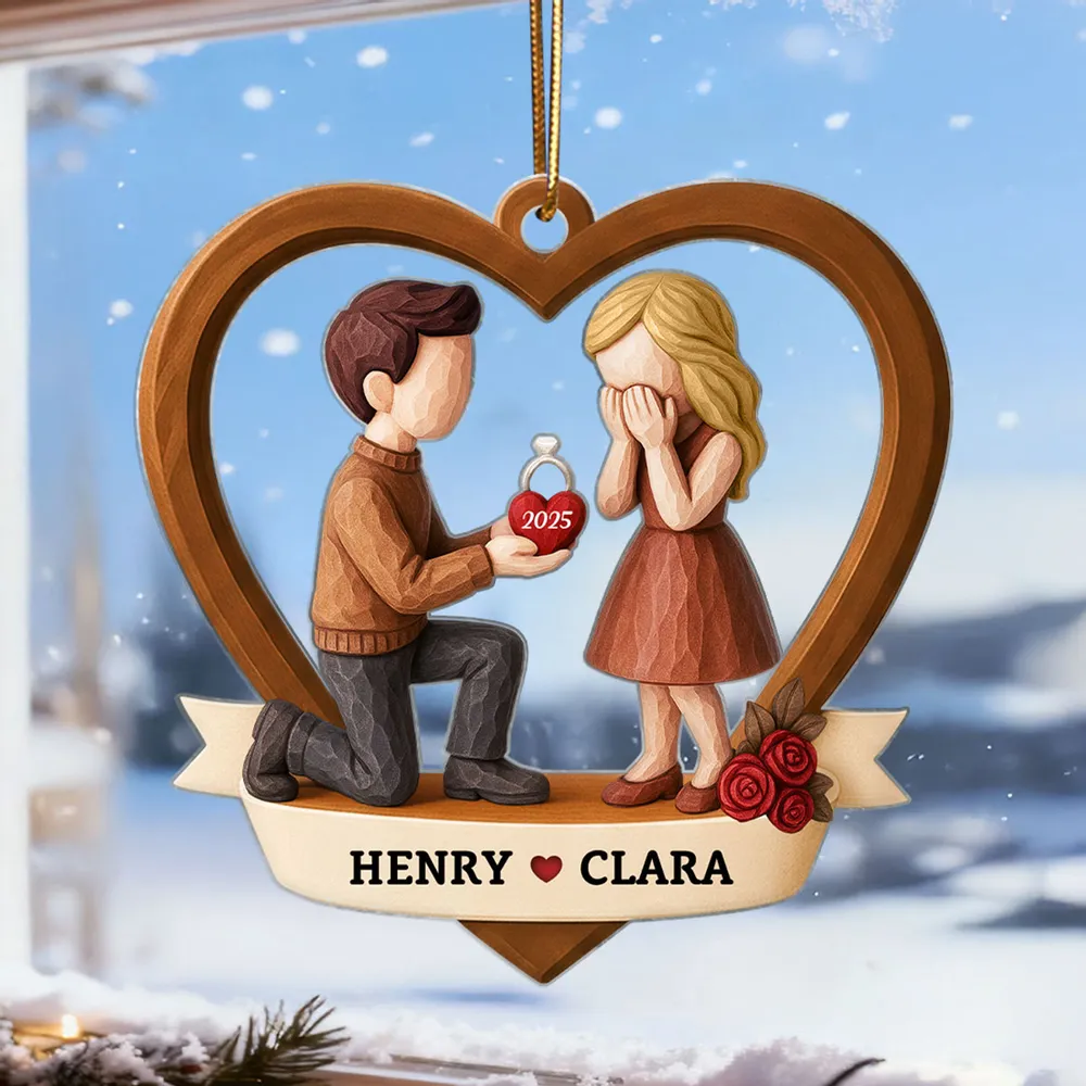 Personalized Couple Proposal Acrylic Ornament, Kneeling Engagement Moment in Heart Frame, Unique Romantic Gift - Image 3