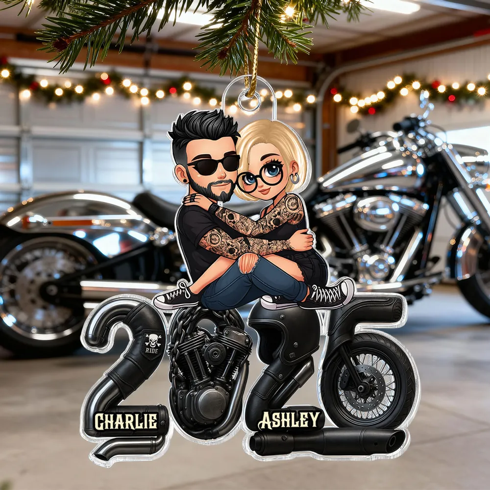 Cute Romantic Acrylic Ornament of a Hugging Biker Couple, Personalized Christmas Ornament, Sweet Unique Gift for Him or Her - Image 2