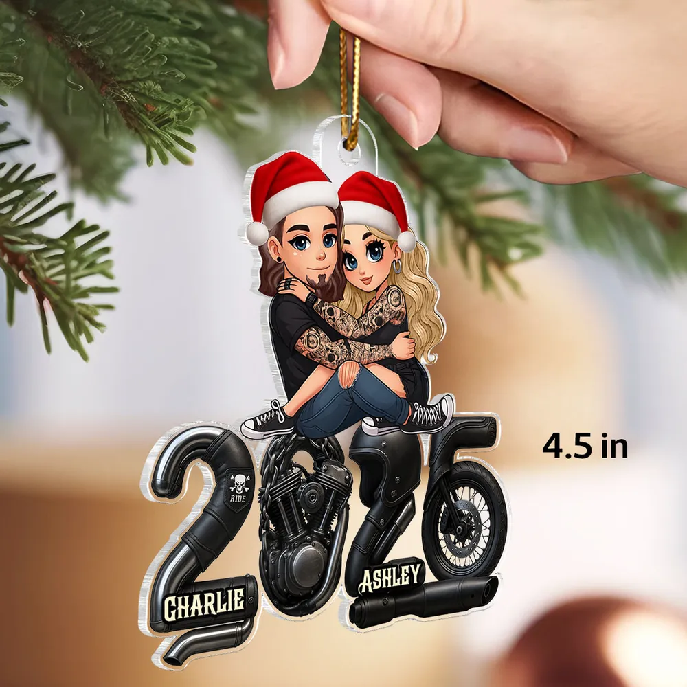 Cute Romantic Acrylic Ornament of a Hugging Biker Couple, Personalized Christmas Ornament, Sweet Unique Gift for Him or Her - Image 3
