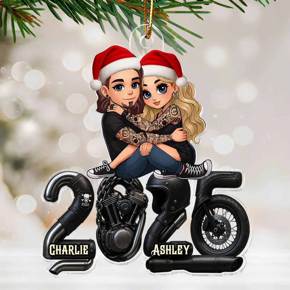 Cute Romantic Acrylic Ornament of a Hugging Biker Couple, Personalized Christmas Ornament, Sweet Unique Gift for Him or Her - Image 8