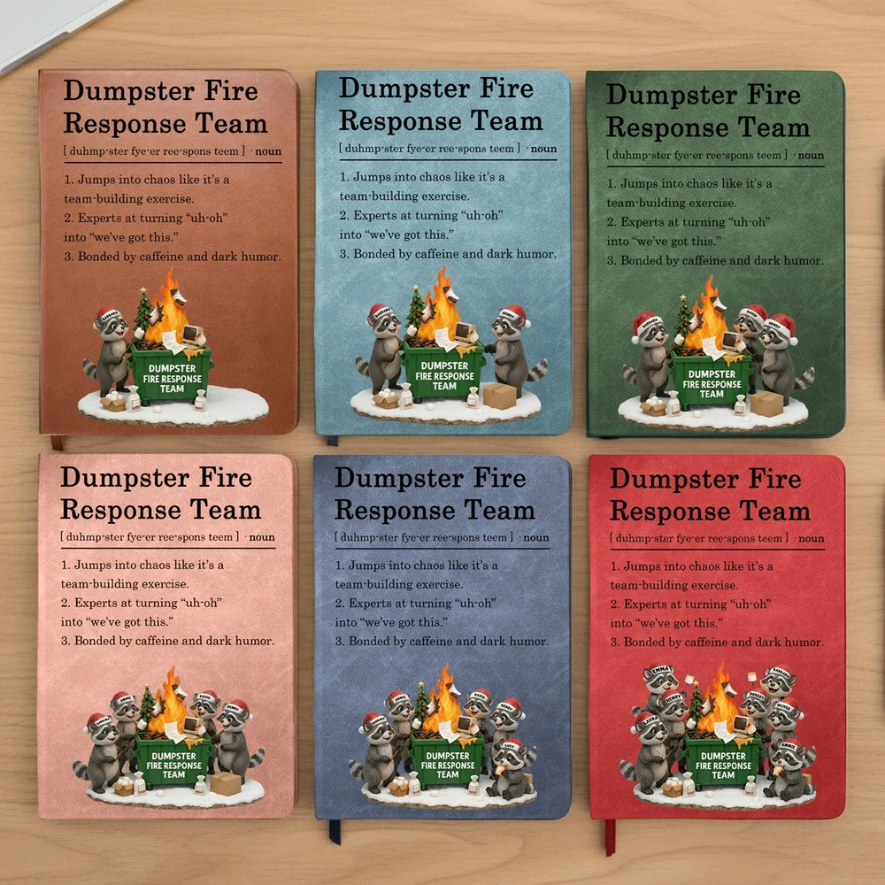 Leather Journal Dumpster Fire Response Team Cute Raccoon Chaos Crew Design, Personalized Funny Gift for Coworkers