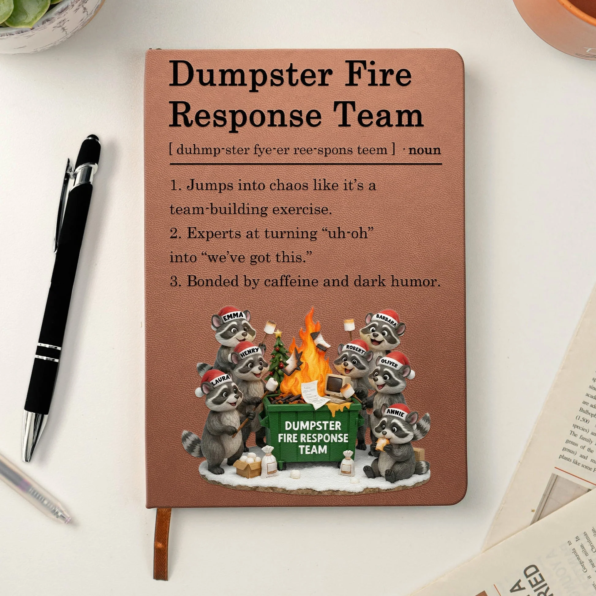 Leather Journal Dumpster Fire Response Team Cute Raccoon Chaos Crew Design, Personalized Funny Gift for Coworkers - Image 3
