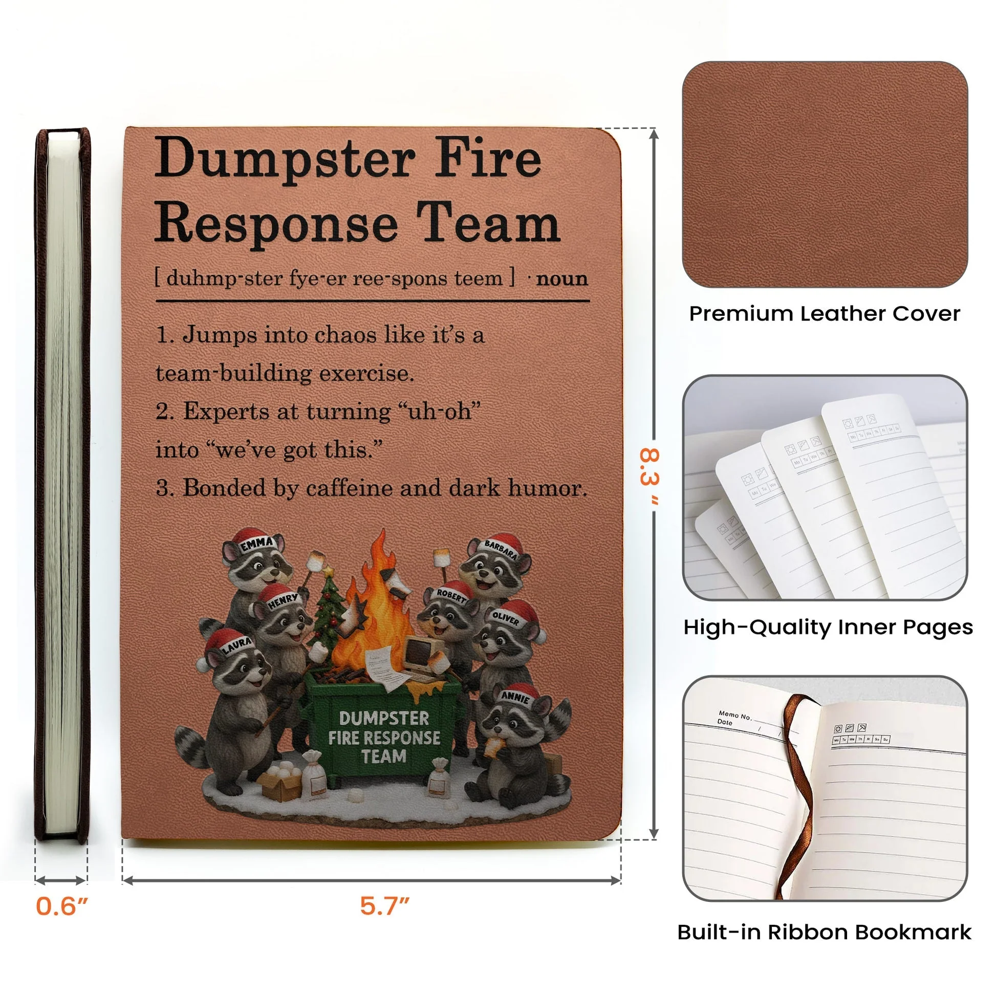 Leather Journal Dumpster Fire Response Team Cute Raccoon Chaos Crew Design, Personalized Funny Gift for Coworkers - Image 4