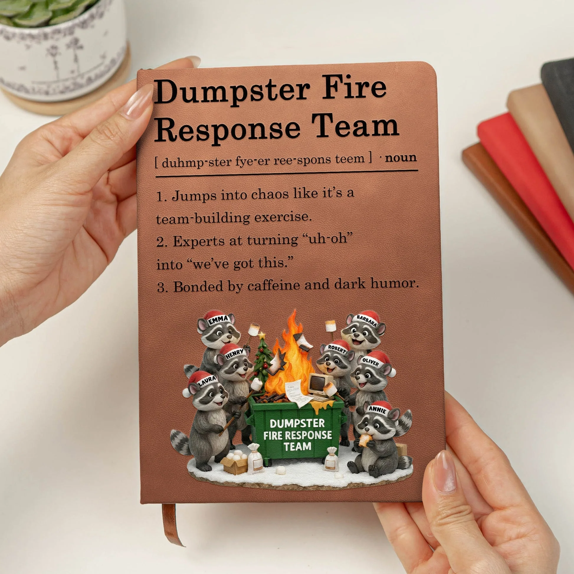 Leather Journal Dumpster Fire Response Team Cute Raccoon Chaos Crew Design, Personalized Funny Gift for Coworkers - Image 6
