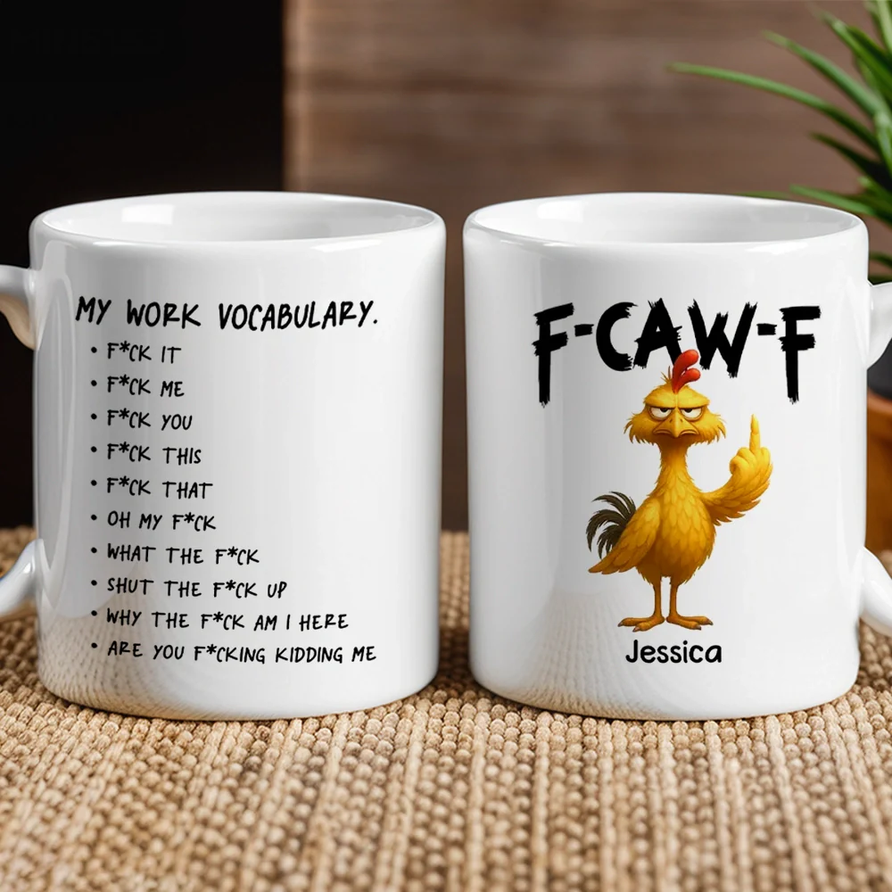 Funny Personalized Ceramic Mug with Grumpy Chicken and Work Vocabulary Quote, Creative Desk Gift for Coworkers - Image 2