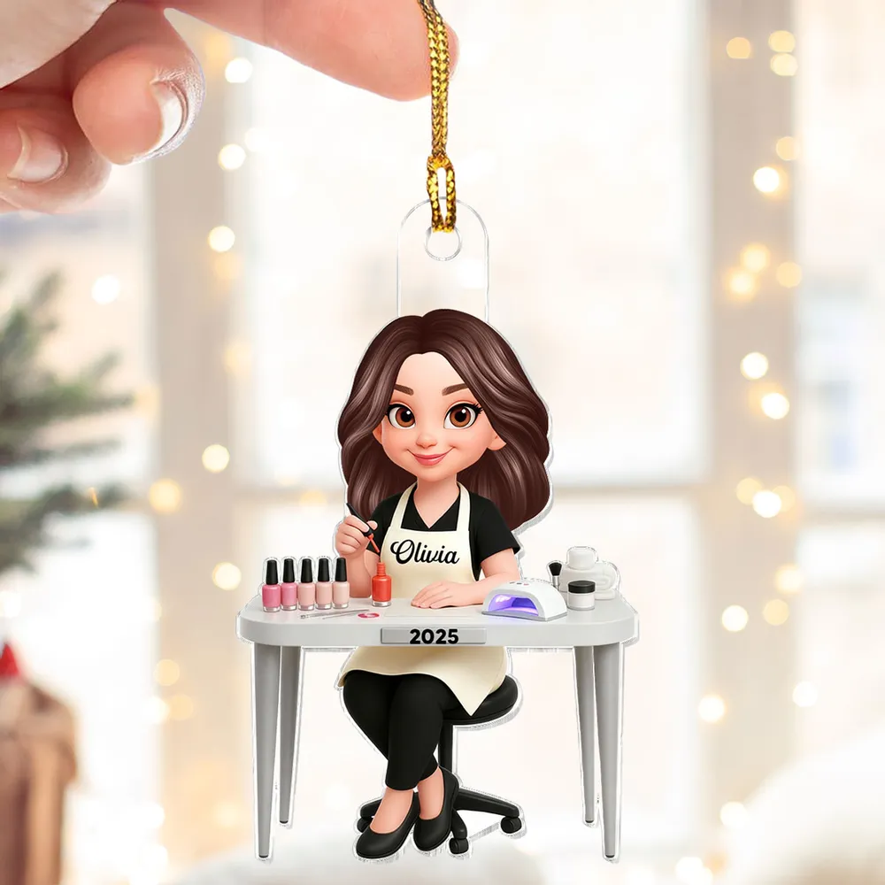 Personalized Acrylic Nail Tech Ornament, Cute Manicurist Desk Scene Keepsake Gift for Beauty Lovers - Image 3