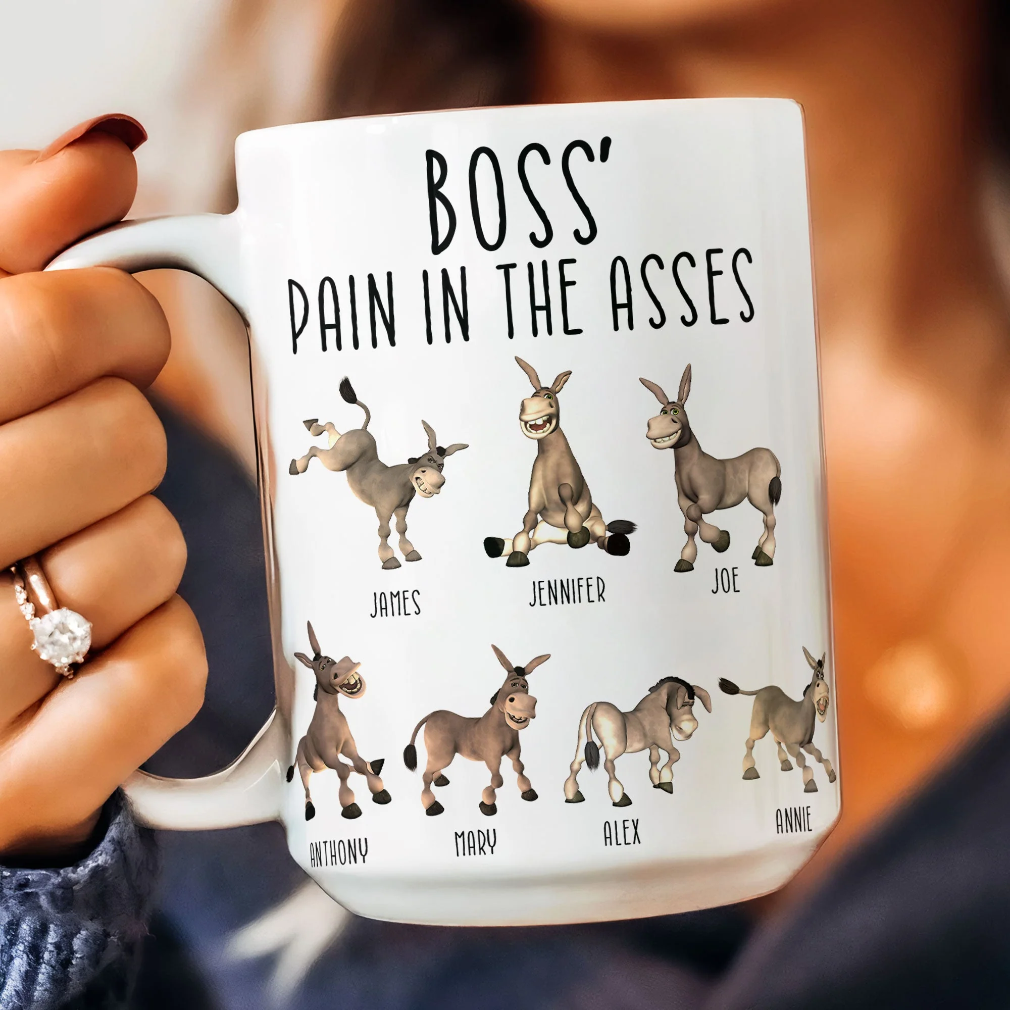 Boss' Pain in the Asses White Ceramic Mug, Personalized Office Humor Gift for Coworkers and Morning Coffee Smiles - Image 3
