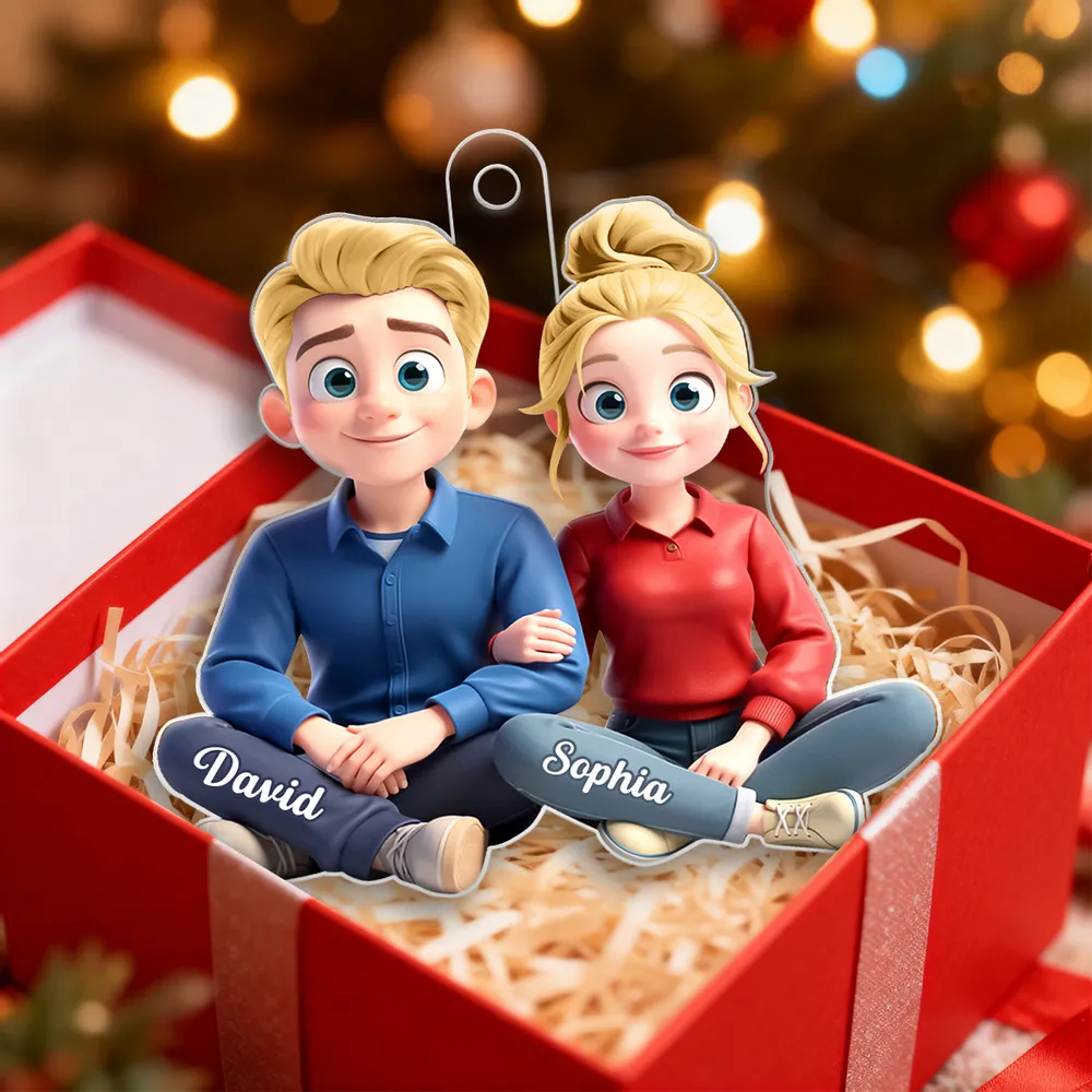 Personalized Acrylic Ornament Cartoon Couple Sitting Together, Cute Unique Gift for Him or Her - Image 4
