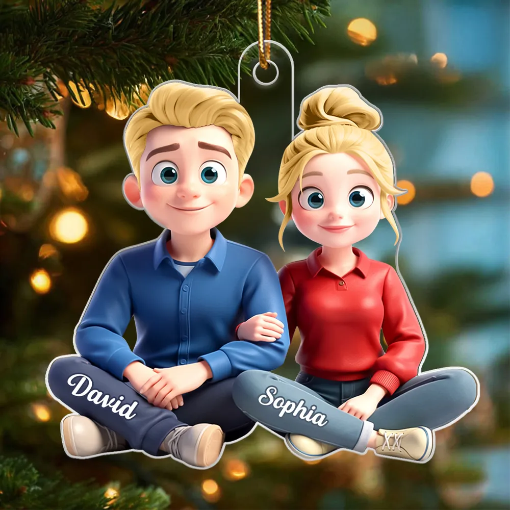 Personalized Acrylic Ornament Cartoon Couple Sitting Together, Cute Unique Gift for Him or Her - Image 7