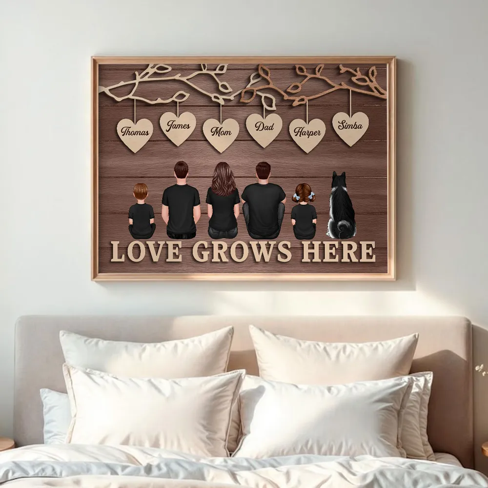 Personalized Family Tree Poster with Heart Name Tags, Rustic Wood Look Wall Art, Unique Gift for Mom Dad & Family - Image 6