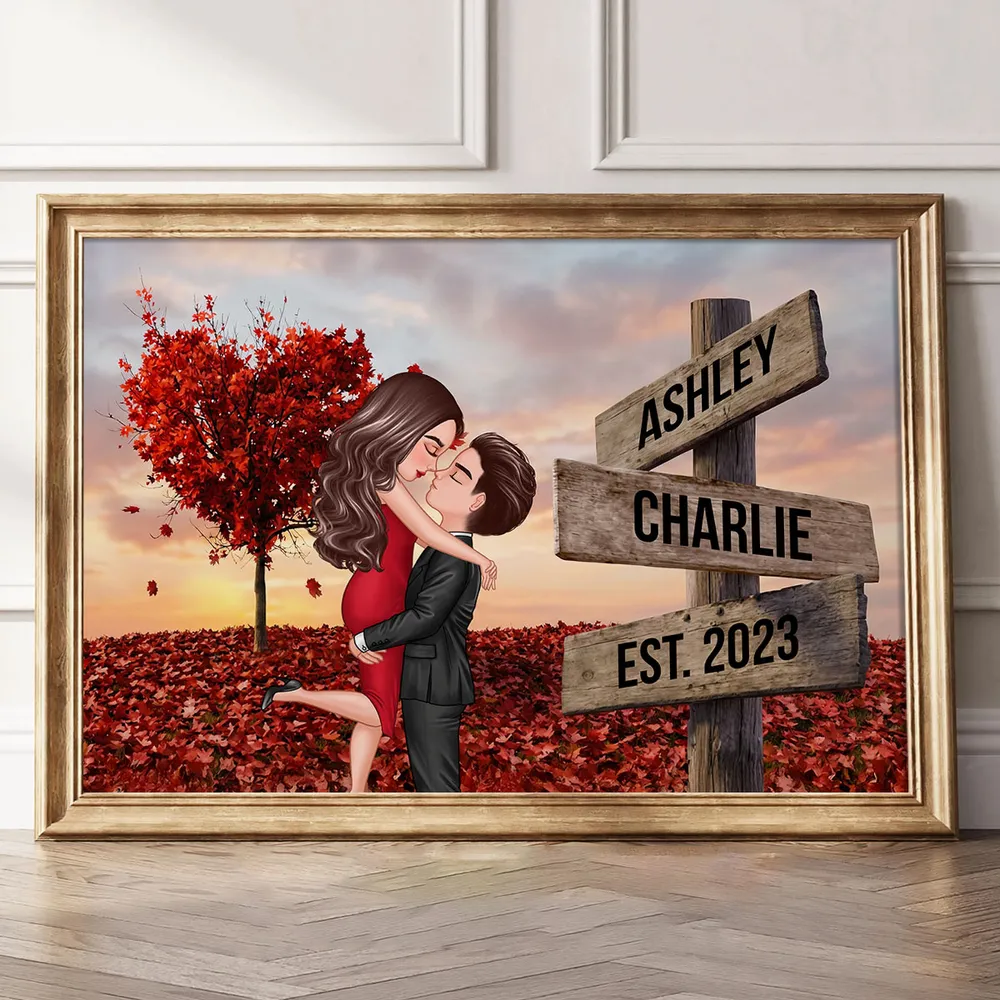 Personalized Couple Kissing Poster, Sunset Autumn Scene Wall Art, Unique Gift for Him or Her - Image 2