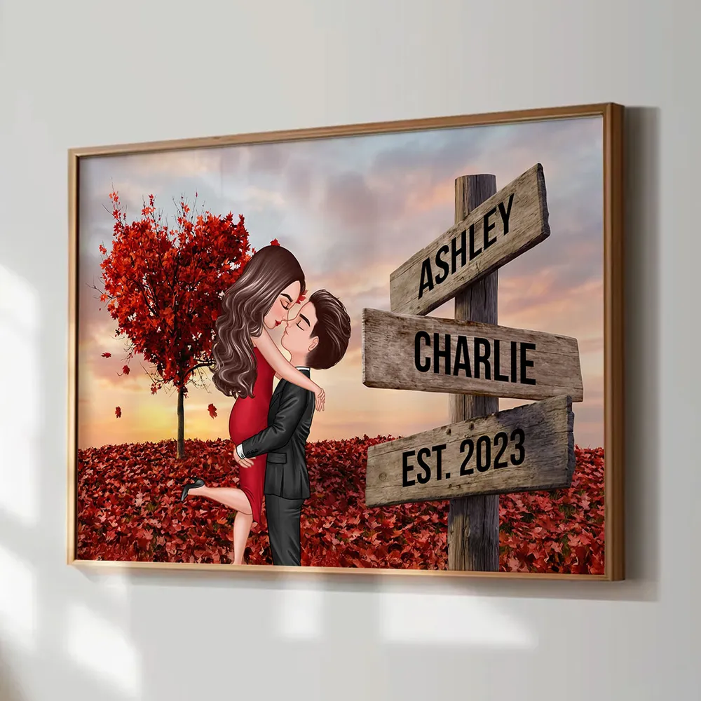 Personalized Couple Kissing Poster, Sunset Autumn Scene Wall Art, Unique Gift for Him or Her - Image 4