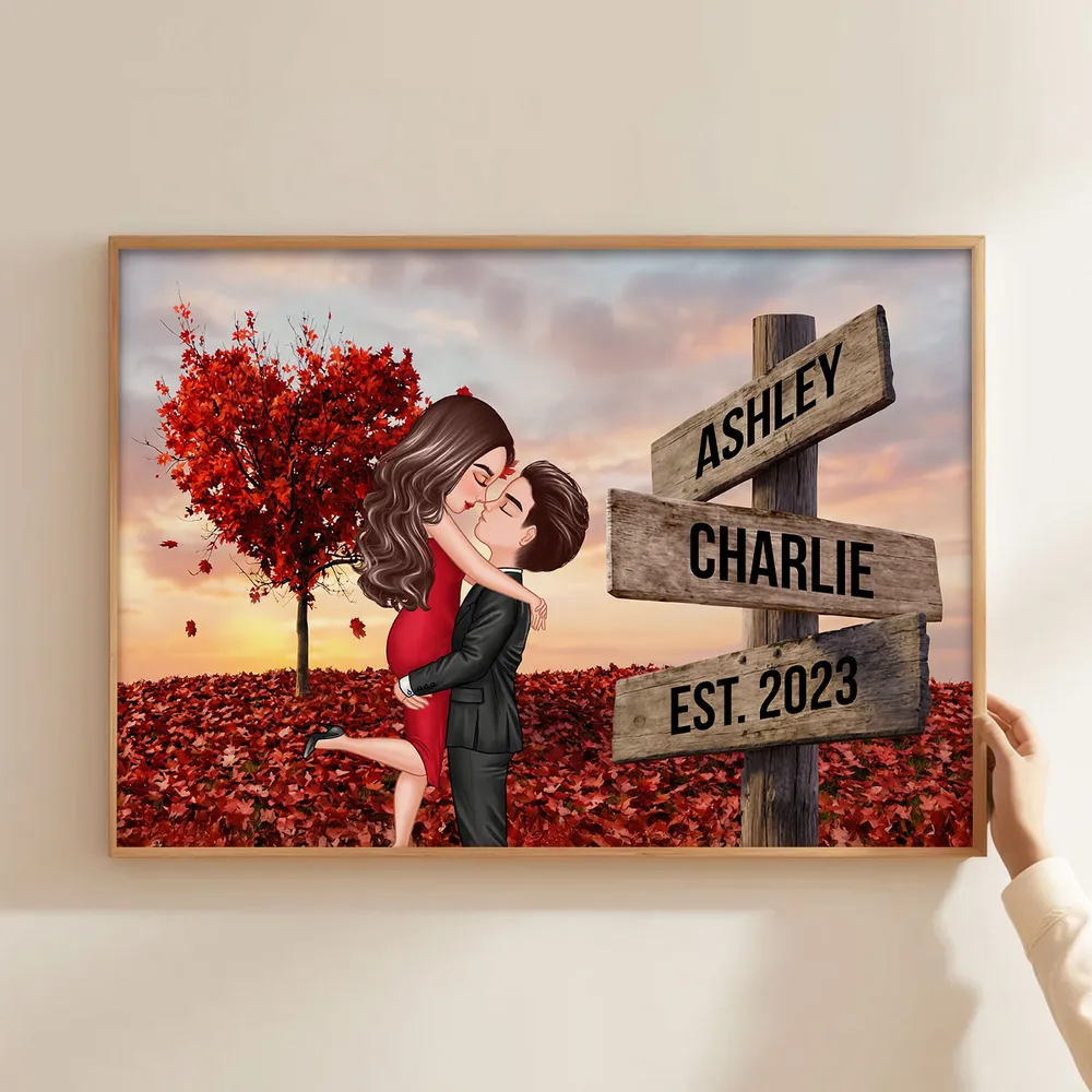 Personalized Couple Kissing Poster, Sunset Autumn Scene Wall Art, Unique Gift for Him or Her - Image 5